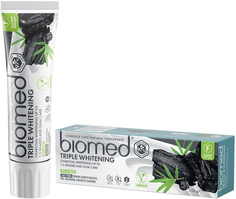 Biomed 97% Natural Triple Charcoal Whitening Toothpaste | Gum Care, Bamboo Charcoal | Vegan, Sles Free, With Flouride 100g