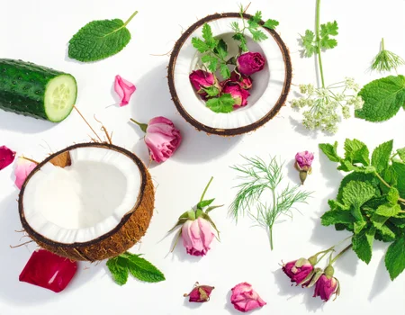 Mint, fennel, cucumber, coriander, rose petals, coconut